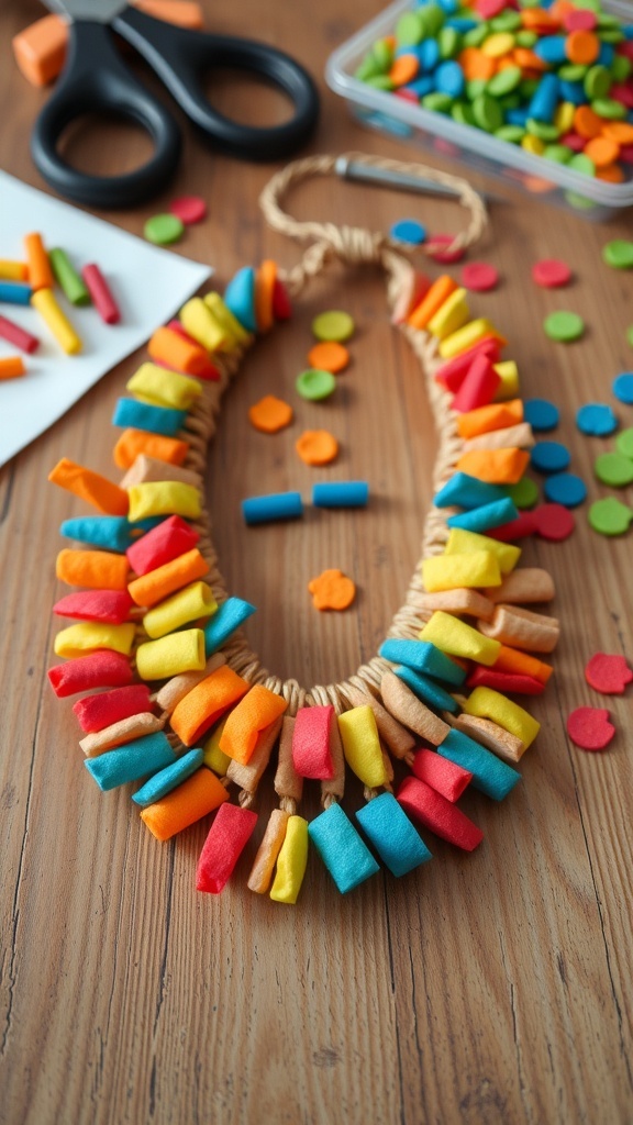 A colorful chips necklace made from plastic chips on a wooden table.
